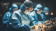 In a state-of-the-art operating room, a focused surgical team clad in sterile blue attire works meticulously, with a surgeon at the forefront concentrating on a precise medical procedure