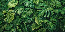 Close-up Of Lush, Vibrant Green Foliage In A Hyper-realistic And Intricate Jungle. The Smooth, Glossy Leaves Display Intricate Textures, Veined And Rough