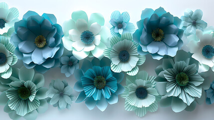 Wall Mural - An elegant background featuring teal paper flowers, providing a blank canvas for customized text or greeting card sentiments. Tailored for International Women's Day and Mother's Day events.