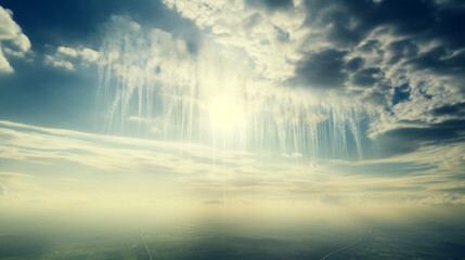 Wall Mural - aerial view of blue sky and vertical clouds or chemtrails