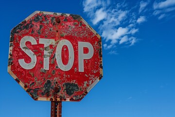 Rusted top sign on a road, Old Stop Traffic Sign with blue cloud Sky