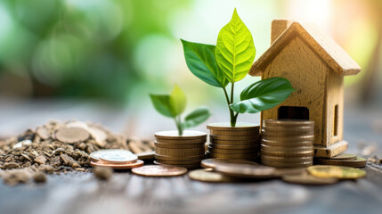 Sustainable growth in real estate, this image features a model house with coins and a young plant sprouting from the soil, embodying the concept of a growing investment