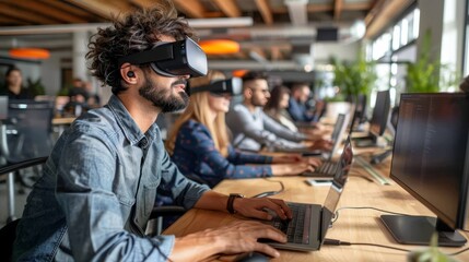 Poster - Young businessman wearing virtual reality glasses in startup office for online metaverse meeting