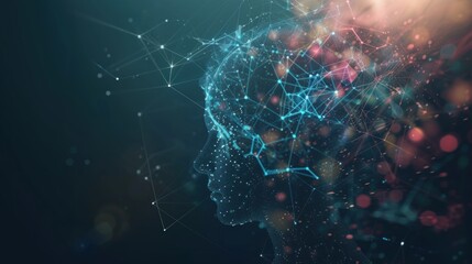 Poster - Artificial intelligence, humanoid head made of digital blue lines