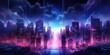 © Graphic Warrior - Synthwave retrowave cyberpunk city town cityscape landscape background decoration. Future towb high buildings scene view