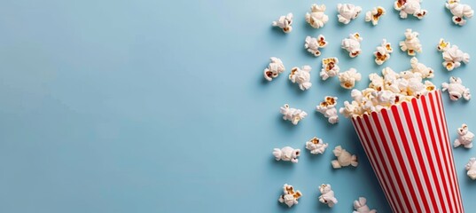 Wall Mural - Scattered delicious popcorn from red striped cardboard box on pastel blue background with copy space