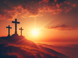 Three crosses stand on Golgotha under a cloudy sky, christian background