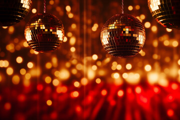 disco background with hanging mirrored disco balls in red and golden lighting