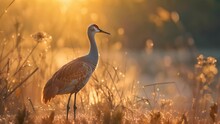 Beautiful Of A Brown Sandhill Crane In The Field. 4k Video Animation