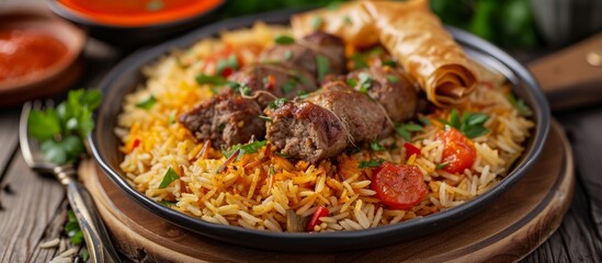 Wall Mural - Delicious bowl of savory meat and rice, a flavorful and satisfying meal for lunch or dinner