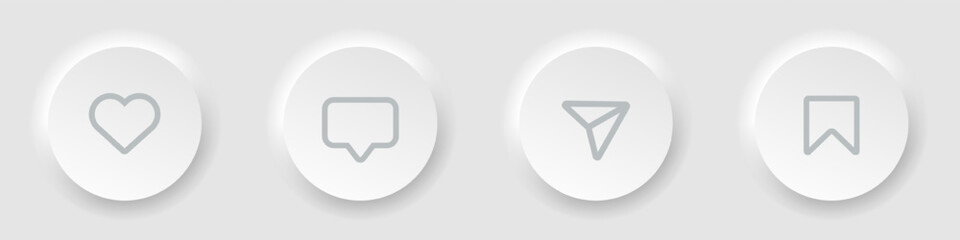 Aufkleber - Neumorphism UI UX Design. Elements buttons like, comment, share, save on grey background. User interface elements for mobile app. Vector illustration EPS 10