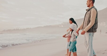 Poster - Beach, walking and parents with children for holiday, vacation and adventure in winter. Family, travel and mother, father and kids holding hands for bonding, relationship and relax together by sea