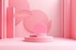 Creative assortment of minimalist stage with pink background , pink setup modeling  and with a model   
