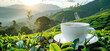 white mug of hot tea and fresh green tea leaves on the background of a tea plantation at sunset, copy space