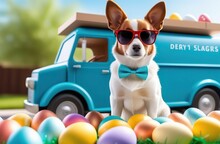 Cute Dog With Sunglasses Delivers Easter Eggs With Delivery Truck