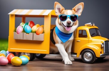 Wall Mural - Cute Dog with sunglasses delivers Easter eggs with delivery truck