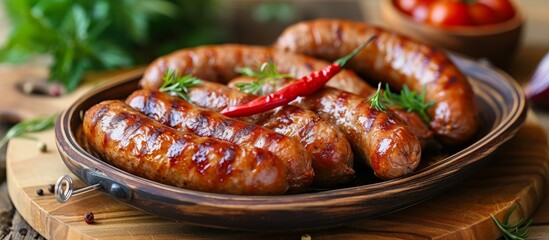 Wall Mural - A plate of pork sausages with a red pepper served on a rustic wooden table, perfect for a fast food meal. The sausages are roasted to perfection, making it a delicious and savory dish