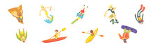 Extreme Sports With Man Character Enjoy Activity Vector Set