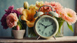 An old alarm clock with beautiful flowers, the concept of the arrival of spring