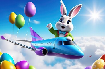 Wall Mural - Easter bunny or rabbit with airplane and colorful easter eggs flying to the sky, holiday in spring 