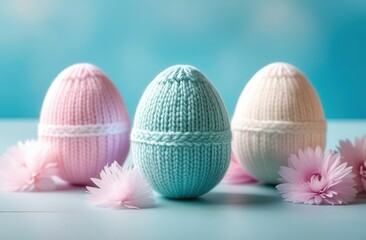 Wall Mural - A delightful trio of Easter eggs, each with its own heartwarming gaze and a soft knitted pom-pom hat, arrayed against a gentle background, bringing a touch of Easter cheer 