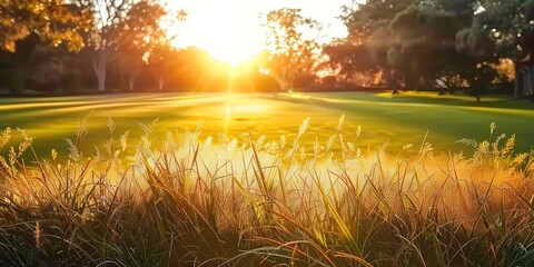 Wall Mural - Sunlit meadow with delicate grass flowers capturing enchanting beauty of nature at sunset picturesque landscape bathed in golden sunlight perfect for illustrating and freshness of summer evening