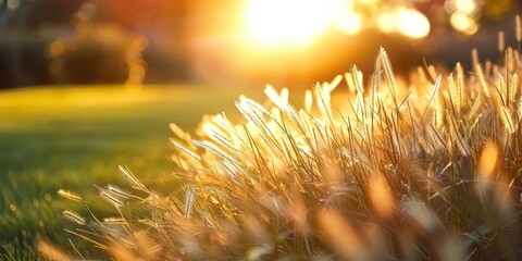 Wall Mural - Sunlit meadow with delicate grass flowers capturing enchanting beauty of nature at sunset picturesque landscape bathed in golden sunlight perfect for illustrating and freshness of summer evening