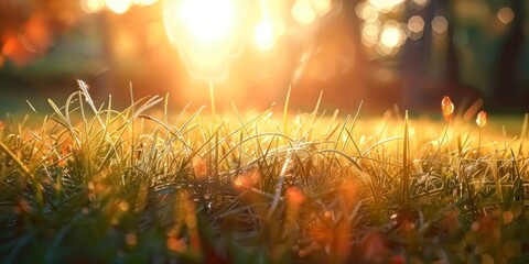 Wall Mural - Sunlit meadow with delicate grass flowers capturing enchanting beauty of nature at sunset picturesque landscape bathed in golden sunlight perfect for illustrating and freshness of summer evening