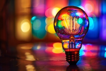 Canvas Print - Illuminating Ideas - Vibrant Light Bulb Glow - A stunning light bulb radiates with vibrant, multicolored lights, representing innovation, inspiration, and creativity. Ideal for concepts involving ener