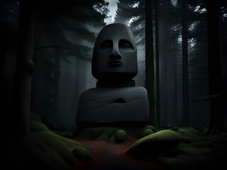 Canvas Print - dark forest with a evil stone statue in the mountains