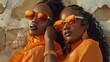 Two attractive black women dressed in stylish orange shades, lending an air of mystery and refinement to the picture