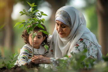 An arabian grandmother gardening with granddaughter