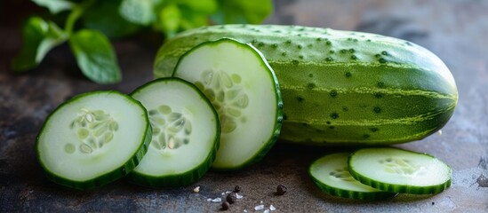 Canvas Print - A green cucumber, a type of food and natural produce, is sitting on a table next to slices of the same vegetable, a nutritious ingredient often used in salads and as a superfood.