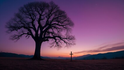 Wall Mural - evening in the hill . cross under the tree  . purple sky background
