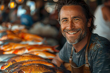 Male Seller Demonstrate Fish At The Fish Market