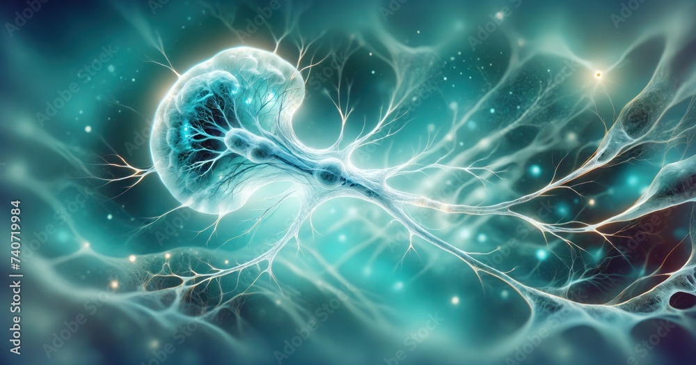 Neurons and Microglia. Microglial cells are the most prominent immune cells of the central nervous system (CNS). Interconnected neurons cells with electrical pulses. Glowing synapse. Hologram view.