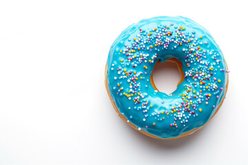 one donuts with blue glaze and multicolor sprinkles, isolated on white background, top view