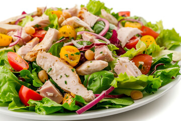 Wall Mural - turkey salad with chicken and tomatoes, arugula, herbs, portion of gourmet smoked, selective focus
