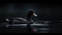 Black Wallpaper. Black Duck Swims In The Dark Water With Raindrops On The Water