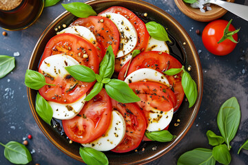 Wall Mural - salad caprese with tomato, mozzarella and basil, top view, selective focus