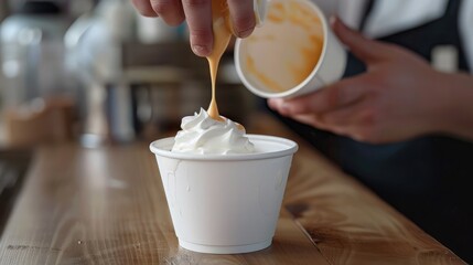 Wall Mural - seller pours sauce on a soft frozen yoghurt in white take away cup in cafe