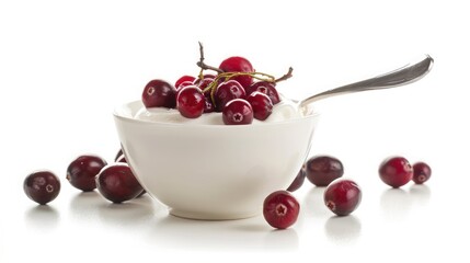 Wall Mural - Yogurt in a bowl with cranberries and spoon isolated on white background