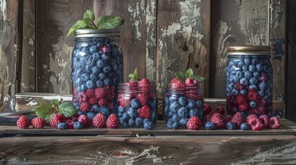 Wall Mural - Blueberry and raspberry parfaits in mason jars, scene on a rustic wood background