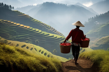 Wall Mural - man in red carries baskets amid misty, green terraced fields, wearing a conical hat, evoking a serene atmosphere, ai generative