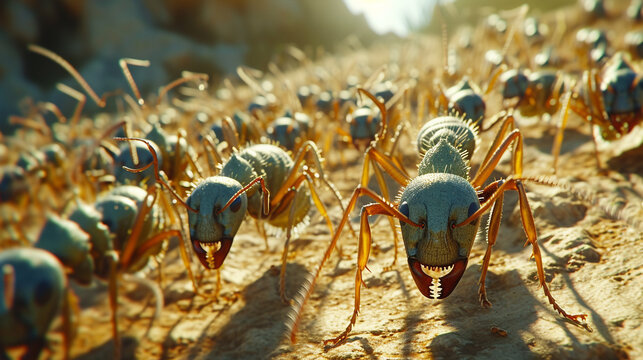 An army of marching ants carrying food back to their colony, each one following the scent trail diligently.