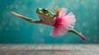 On a leap year day in february, a whimsical frog donning a pink tutu leaps amongst vibrant flowers, embracing the beauty of the moment