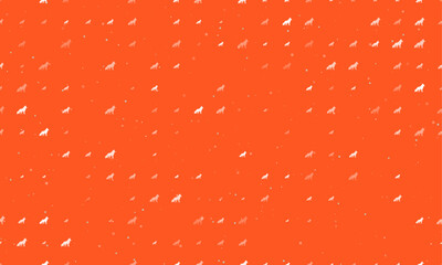 Poster - Seamless background pattern of evenly spaced white wolf symbols of different sizes and opacity. Vector illustration on deep orange background with stars