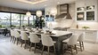 © Faheem - A luxury white kitchen with bar stools sitting at a large island, glass lights hanging from the ceiling, and a beautiful tiled backsplash