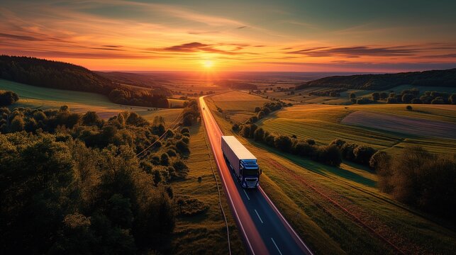 Passing through picturesque countryside, a cargo truck winds its way along narrow country lanes lined with rolling fields and quaint villages, capturing the serene beauty of rural backdrop