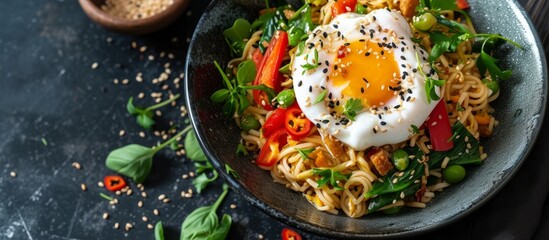 Wall Mural - A staple food consisting of noodles topped with a fried egg, a delicious combination of ingredients on a tableware garnished with leaf vegetable